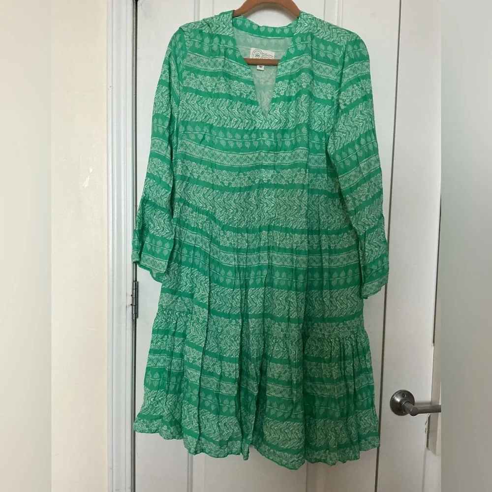 QVC Destination 365 Green and White Patterned Dress New Without Tags Large NWOT - Picture 2 of 7